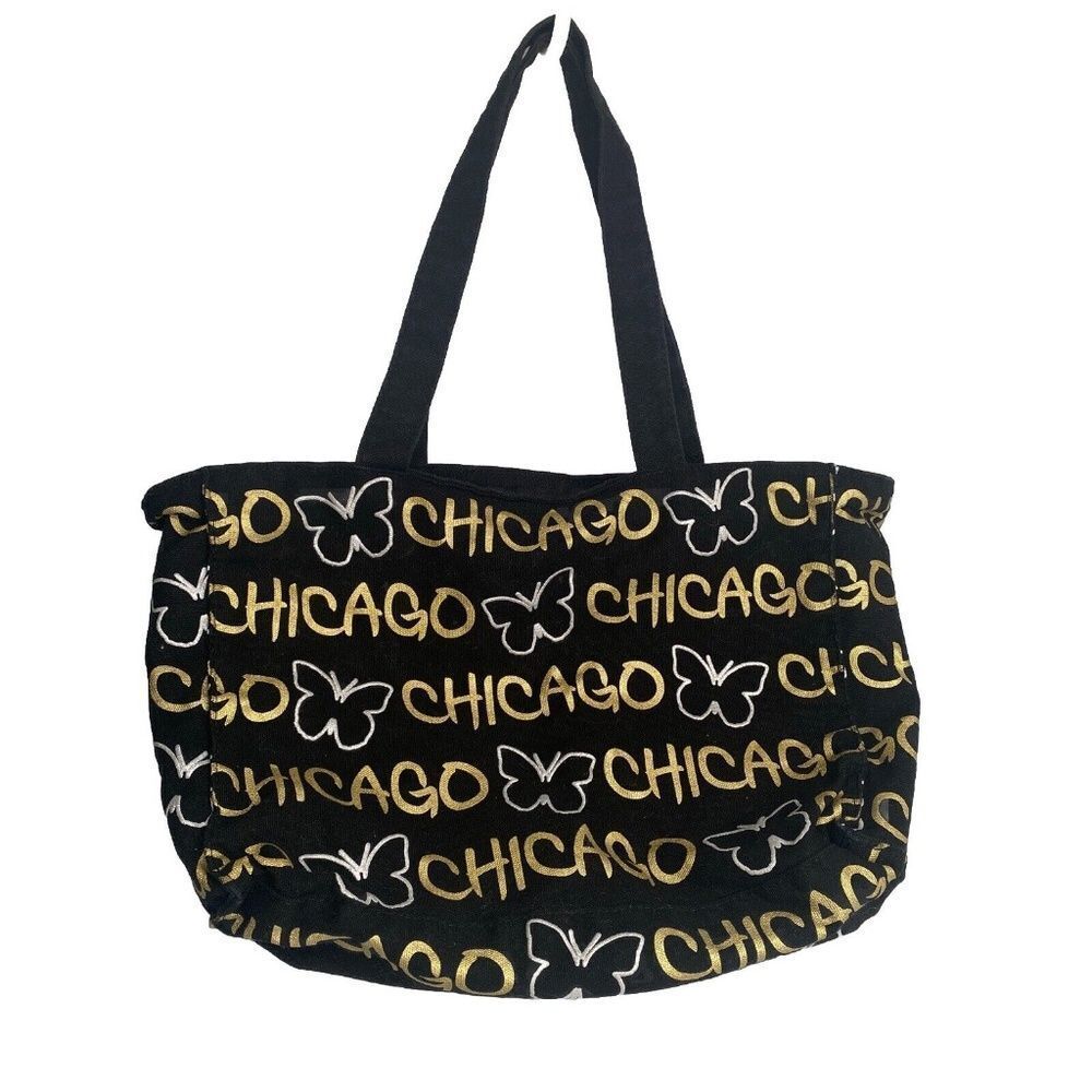 Robin Ruth Black Canvas Butterfly Tote Bag - Chicago Graphic, 16"x10"x5"
